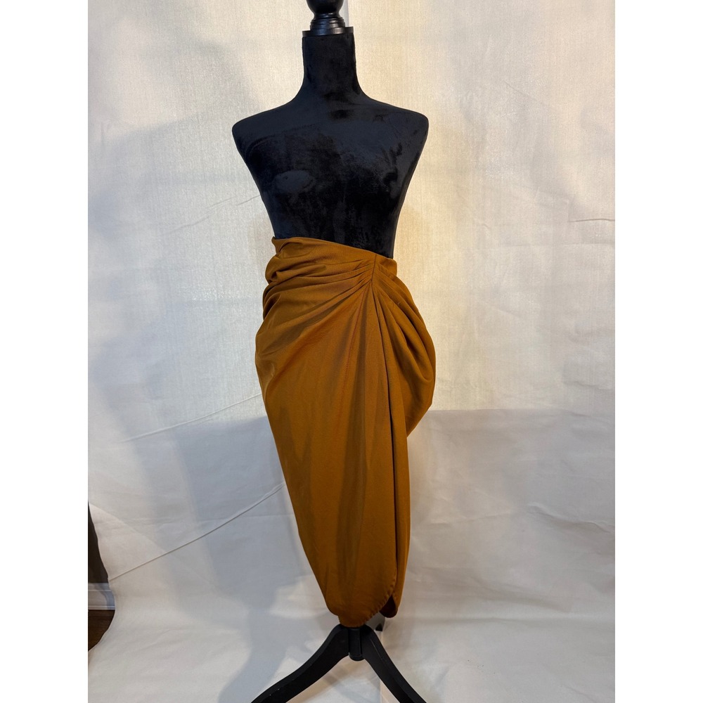 PrettyLittleThing Ochre Rust Draped Sarong Midi Skirt High Waist Size 2